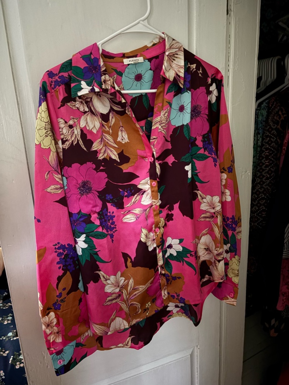 Pleione Pink Floral Blouse with Teal & Brown Accents